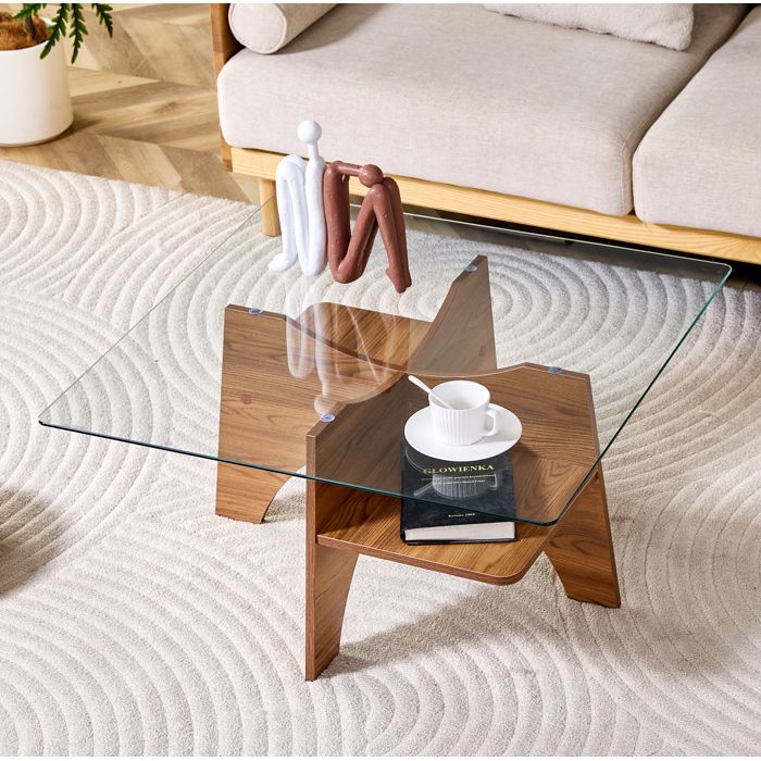 Table basse carrée 80 x 80 cm en verre de sécurité avec étagère structure MDF aspect noyer hauteur 40 cm ORVRYN
