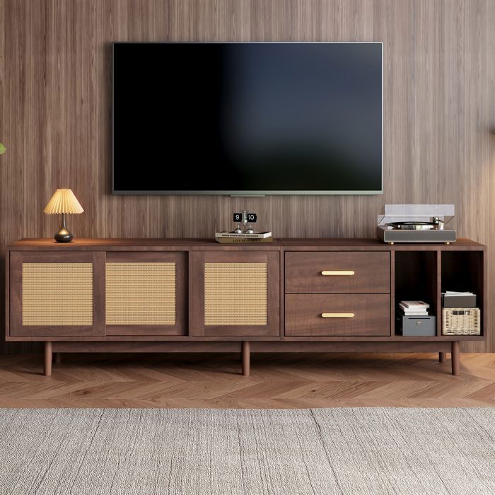 Meuble TV Rotin Marron 190 cm pour Écran 75 Pouces Banc TV avec Portes Coulissantes et Tiroirs Style Wabi-Sabi Norevia