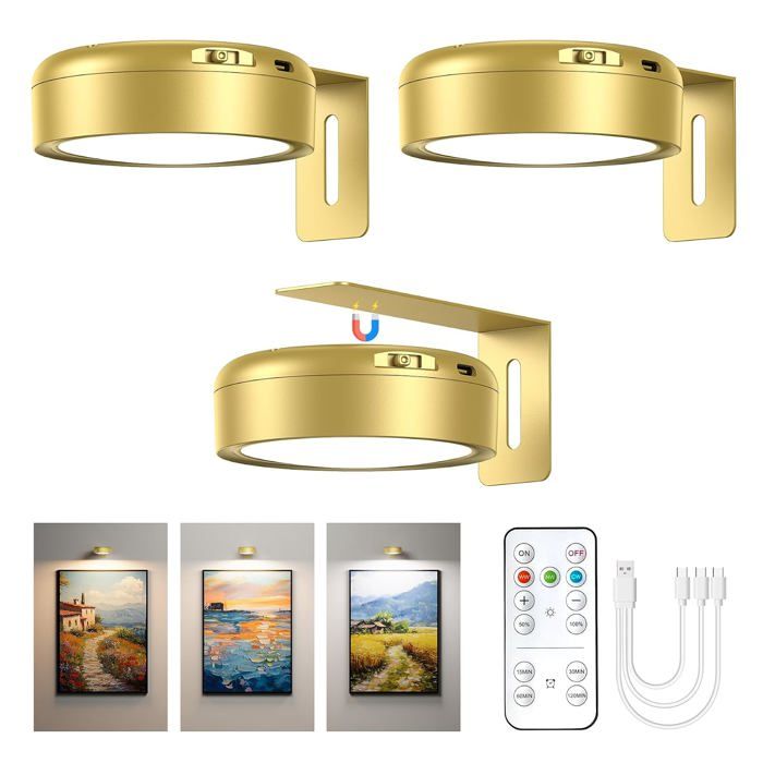 Lot de 3 appliques murales LED magnétiques sans fil 2000 mAh télécommande 3 températures de couleur luminosité réglable minuteur