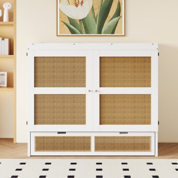 Lit armoire escamotable 140x200 cm - sommier intégré tiroirs de rangement design rotin et bois blanc