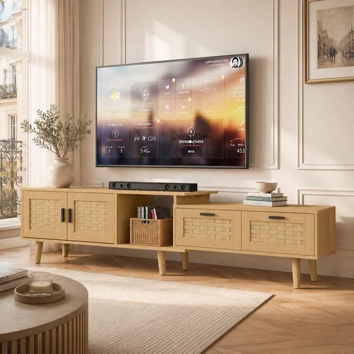 Meuble TV extensible 180 cm Banc TV avec 2 Portes et 2 Tiroirs imitation rotin PVC rangements et pieds bois couleur chêne