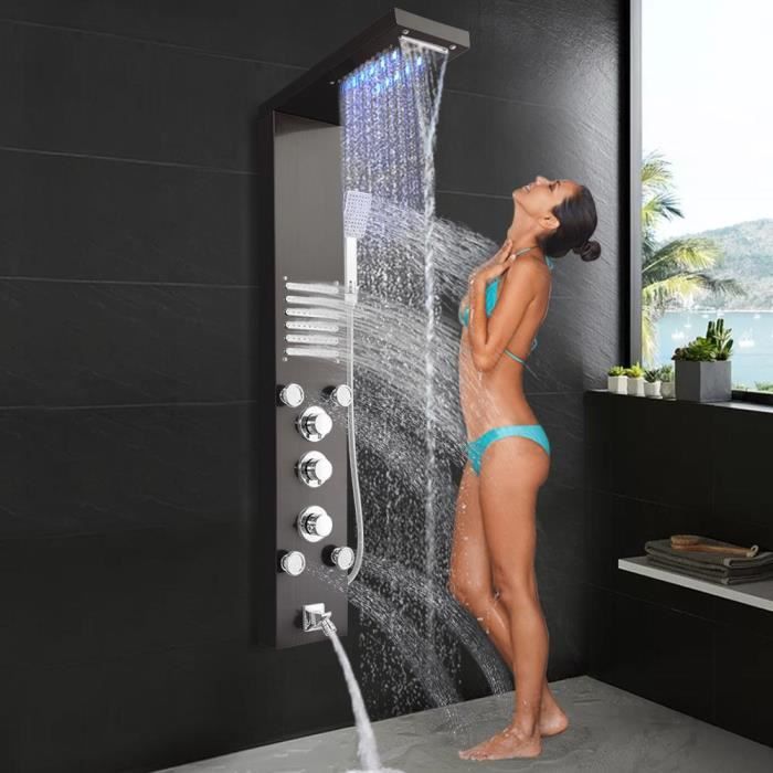 CWU Panneau Colonne de Douche Hydromassante Noir en Acier Inox avec 6