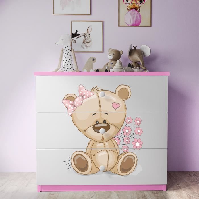commode 3 tiroirs blanche et rose avec décor ours en peluche - heros