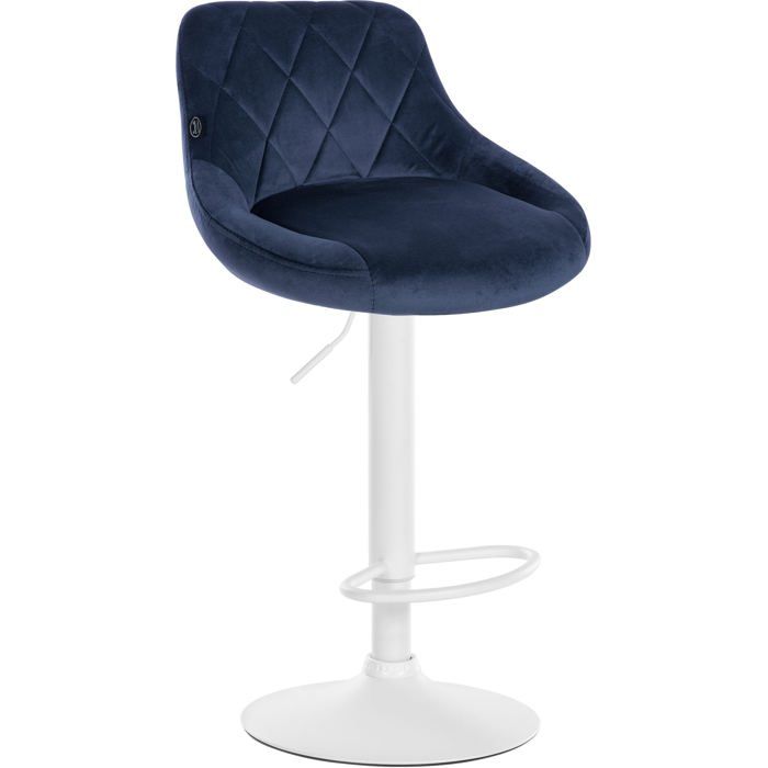 Tabouret de bar en velours bleu coutures decoratives pivotant support metal blanc TDB10658
