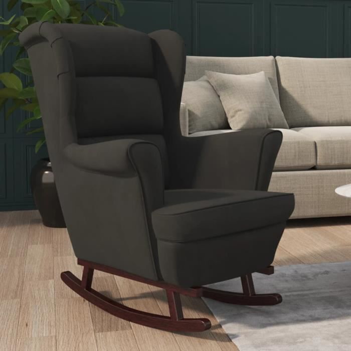 fauteuil scandinave de relaxation mvs - fauteuil à bascule et pieds en bois massif d'hévéa noir velours,24,2 kg