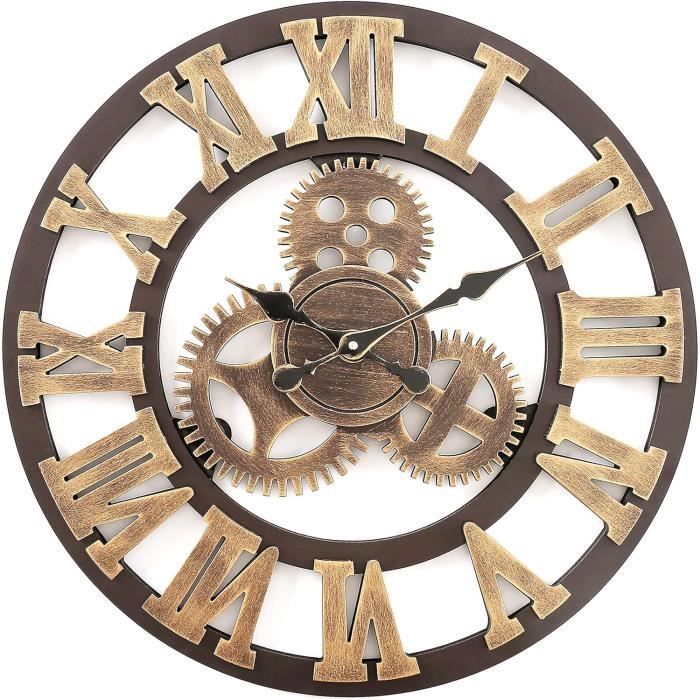 Horloge Murale Géante Vintage 58 Cm - Chiffres Romains 3D, Silencieuse, Style Industriel, Pour Salon/bureau (or)