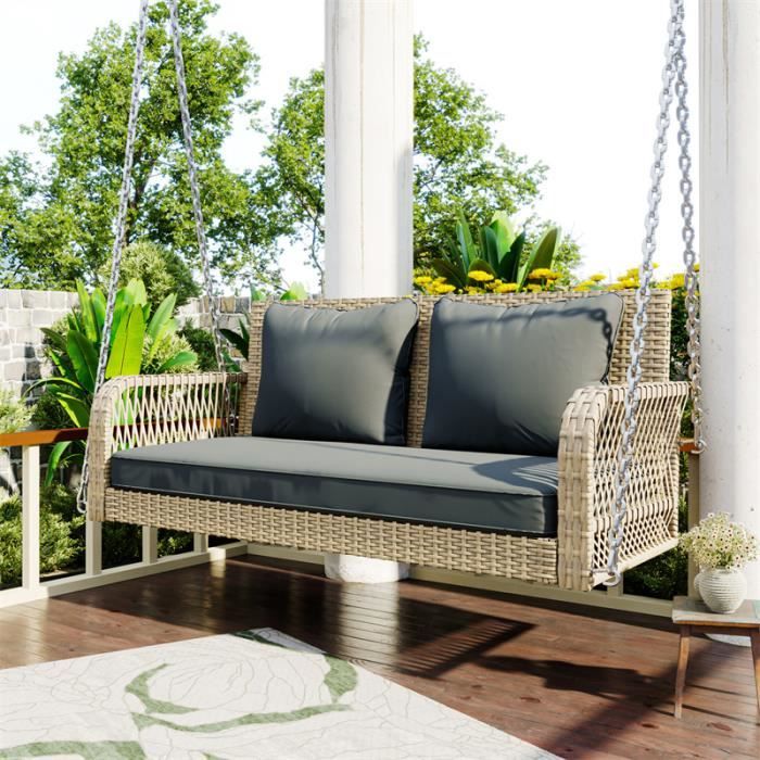 Balancelle - balançoire de jardin en rotin, 2 sièges, avec coussin et 2 chaînes, pas de cadre pivotant, beige-gris