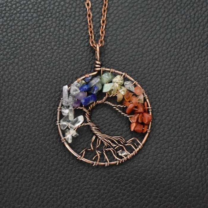 bijoux pendentif collier 7 pierres chakra naturelles diy arbre de la vie en cuivre fil forme rond perles pierre precieuse d'energie