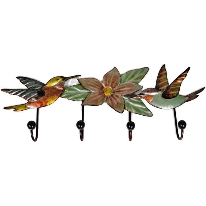 Porte Manteau Mural en métal décoration oiseaux Original Patère acier 4 crochets - Accroche torchons serviettes maison L64xH28 cm
