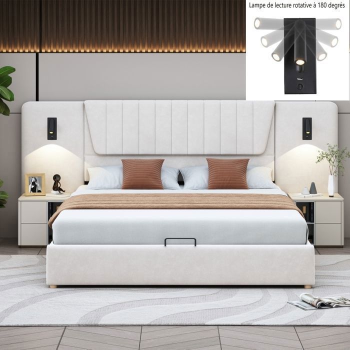 Lit coffre 180 x 200 cm - VVBV - Velours beige - Rangement hydraulique - lit double