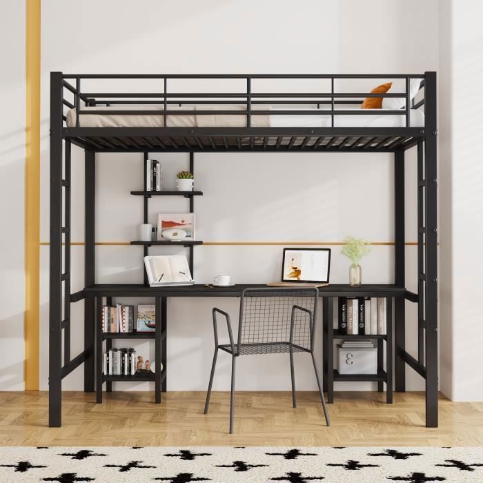 Lit Mezzanine Enfant 90x200cm Avec Bureau - Structure Métal, étagères, Recharge USB, LEDs RGB Argenté