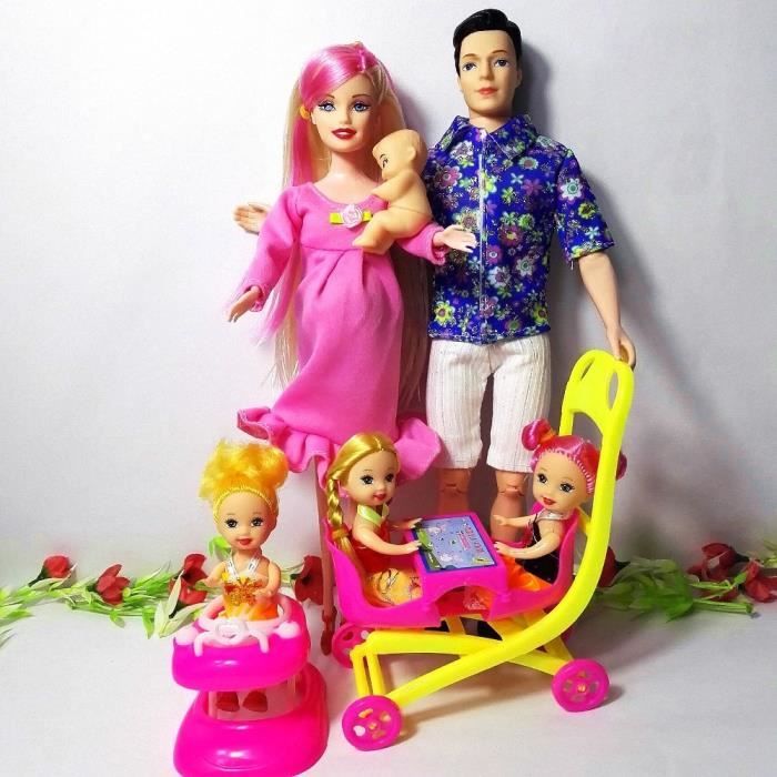 Famille 6 Personnes Poupees Costumes 1 Mere 1 Papa Trois Bebe 1 Landau Pour Fille Poupee Barbie Tres Enceinte Poupee Petit Do Cdiscount Jeux Jouets