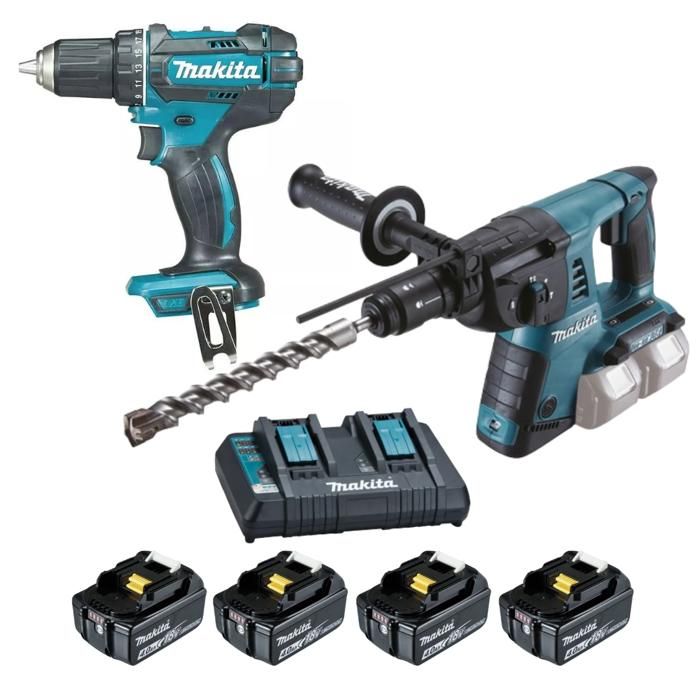 Perceuse visseuse DDF482 + Perforateur burineur SDS PLUS DHR264 MAKITA avec 4 batteries 18VAh + chargeur double MAKITA LOT0234 - vue 2