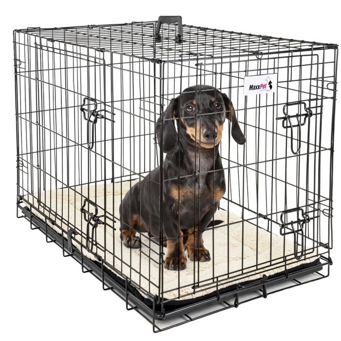 maxxpet cage pour chien 76x48x53 cm - avec coussin - avec poignée - caisse de transport pliante - 2 portes - noir