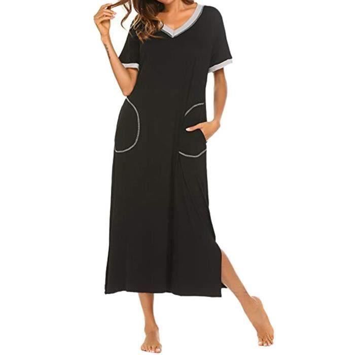 Robe longue Femmes Chemise de nuit a manches courtes ultra douce FUNMOON Noir Noir Cdiscount Pret a Porter