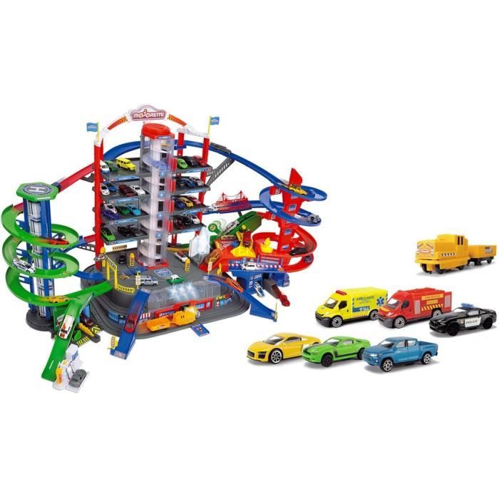 Garage Super City Majorette avec 6 voitures et 1 train - 7 niveaux