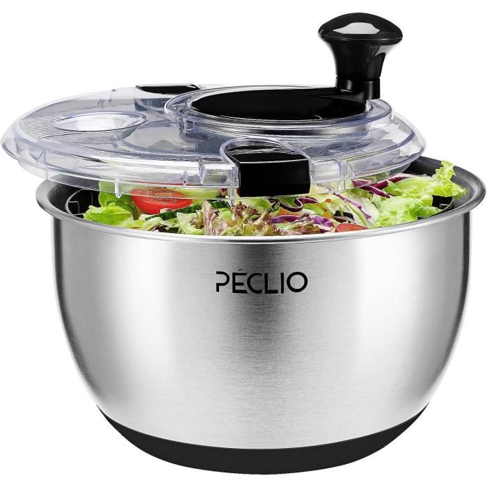 Essoreuse à Salade Peclio 4,5L - En Acier Inoxydable 18/10 Avec Manivelle, Fond Antidérapant Et Lavable Au Lave-vaisselle