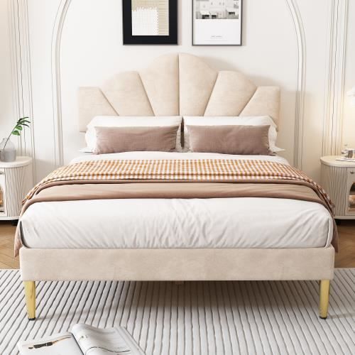 lit double rembourré, lit en forme de coquille avec pieds en fer doré, tête de lit réglable en hauteur, velours, beige,140x200 cm