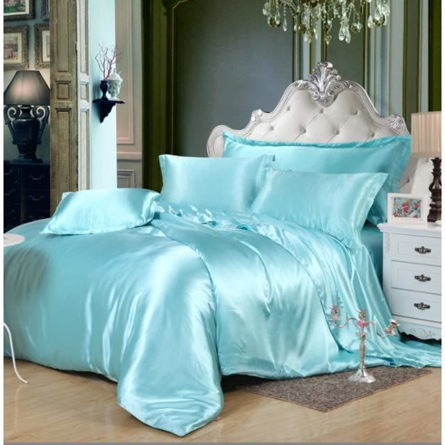 Parure de drap en Soie Satinée - Parure de lit 4 Pcs = 2 Taies doreiller 1 Drap 1 Housse de Couette - 220x240cm