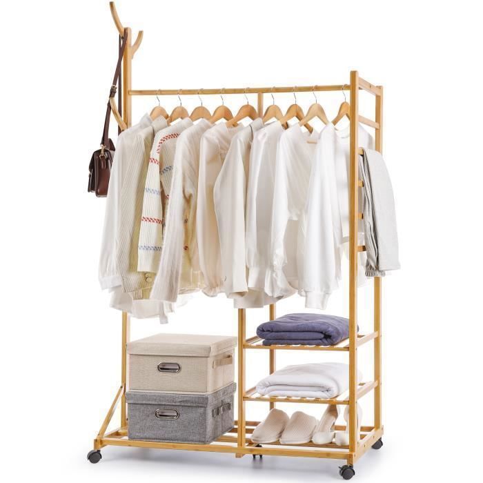 Yorbay 4 en 1 Portant Penderie à Vêtements en Bambou avec roues - 100 x 38 x 176 cm - Porte Manteau avec étagères de rangement