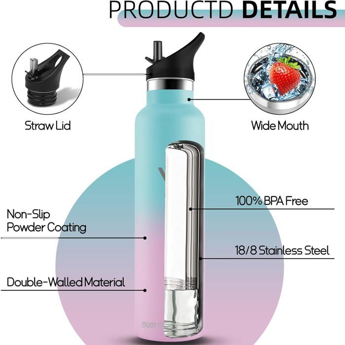 Gourde Isotherme 1L, Bouteille en Acier Inoxydable, Gourde Inox avec Paille, Anti-Fuite, sans Gourde Isotherme 1L, Bouteille en Acier Inoxydable, Gourde Inox avec Paille, Anti-Fuite, sans
