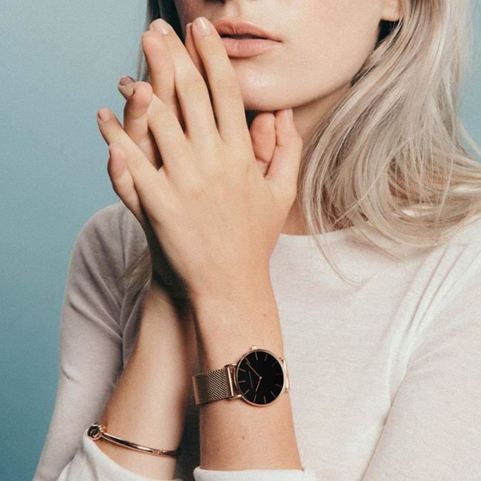 Montre Bracelet Femme 36Mm Or Rose Argent Analogique Quartz Acier