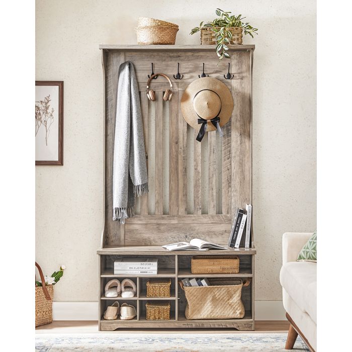 VASAGLE Meuble d'Entrée, Vestiaire, Porte-manteau avec Banc, Rangement pour Chaussures, avec Crochets, Étagère Réglable, Moderne, Blanc HSR404T10