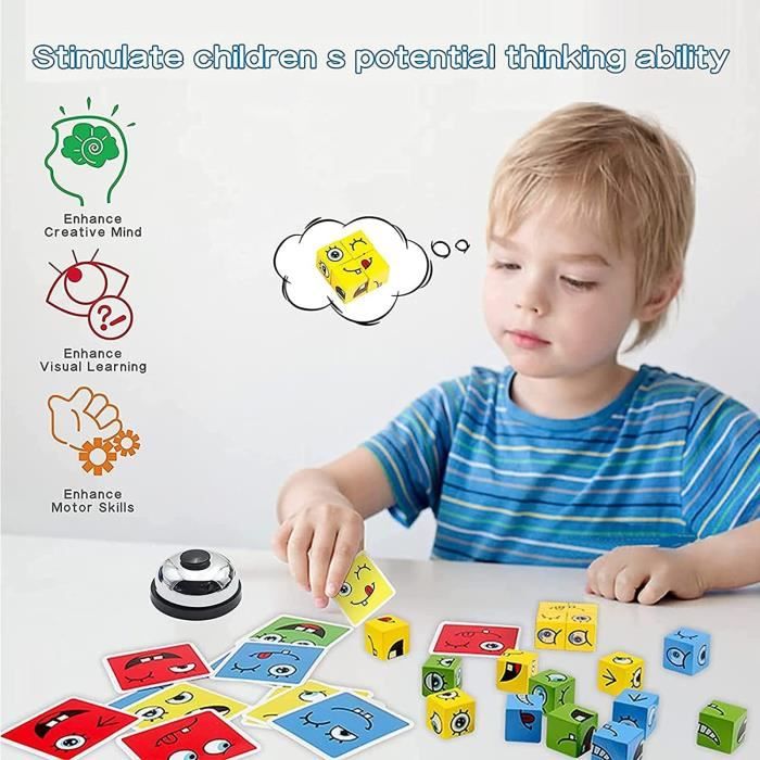 Puzzle de Expression Emoji Cubes en Bois, Interactif Emoji Bloc Jeux Cube de Construction IQ