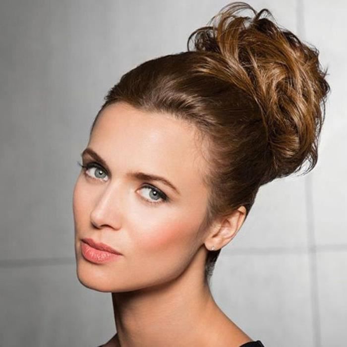 Chignon Postiche Synthétique Couleur Chocolat Méché Cuivré – Réf. 22 En 627c, Taille Moyenne, Neuf