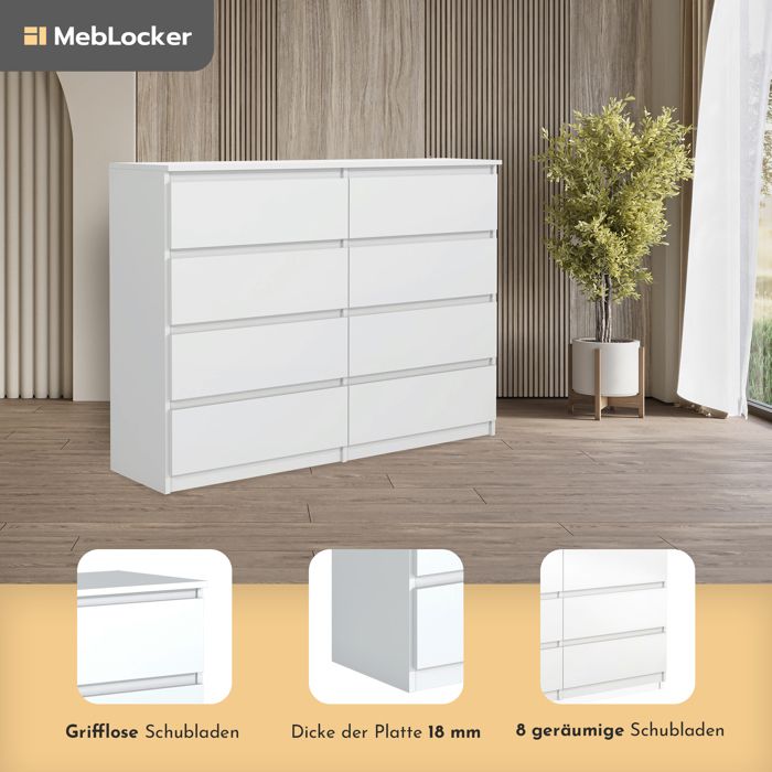 Commode 4 tiroirs - Meblocker - Meuble de Rangement Spacieux - Salon, Bureau, chambre à couche & enfant - blanc brillant - Maison