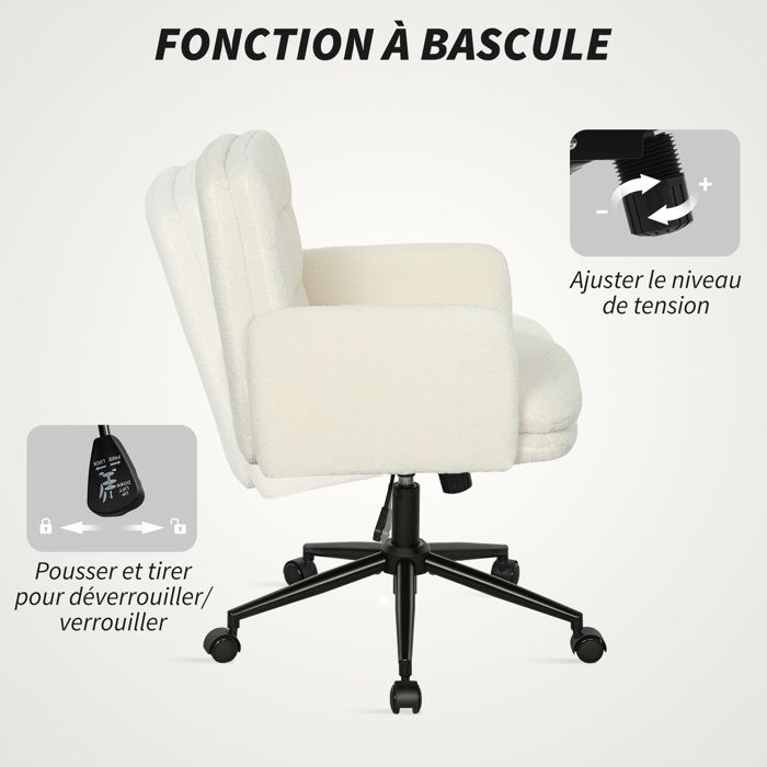 Fauteuil Pivotant Et Bascule En Polaire Teddy Blanc - Hauteur Réglable, Pour Salon, Bureau Ou Chambre - HOMCOM