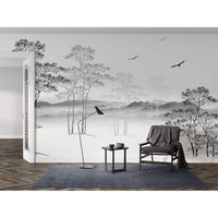 Papier Peint Soie Panoramique Esquisse noir et blanc,3D Poster Geant Mural, Paysage Nature vert, pour Salon Chambre Décor,400x280cm