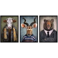Trio portrait Gentleman animals, Set de 3 affiches d'art - 90x45cm