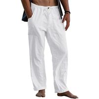 Pantalon Coton Lin Homme Yoga Décontracté Pantalons Toile Homme Leger Été Pantalon Taille Elastique Placket Zipper - Blanc