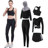 5 Pieces Femme Survêtement de Fitness Yoga Ensemble Tenue de Sport Jogging Gym Pilates Sportwear Zumba Tennis Vêtements Noir
