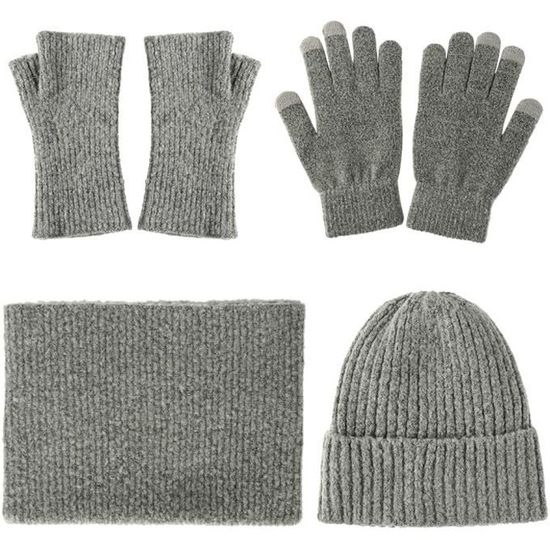 Ensemble bonnet, écharpe et gants d'hiver pour homme et femme, gris