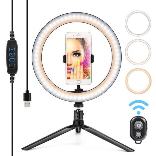 Lampe annulaire LED 10" de bureau pour selfie et vidéo - DUPHOY - Noir - 3 couleurs - 10 niveaux de luminosité
