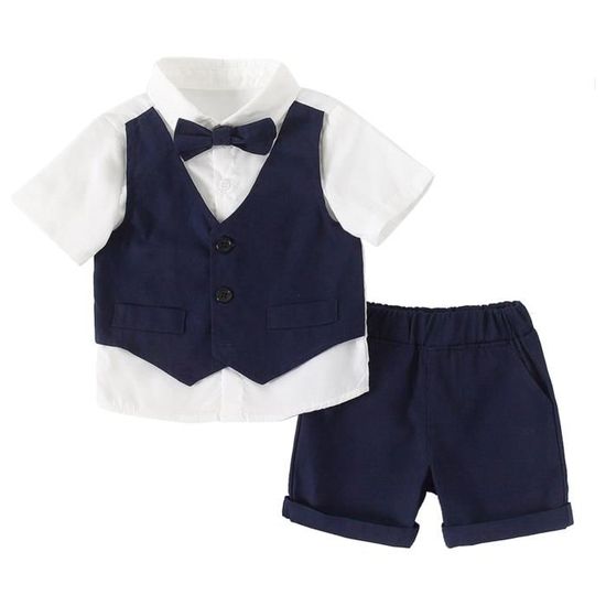XIXIMAON 2pc Vêtement D'Été Bébé Garçon Ensemble Costume Baptême De Cérémonie Chemise Barboteuse Manches Courtes Avec Nœud Papillon Et Short à Bretelles (Bleu, 59/0-3 Mois
