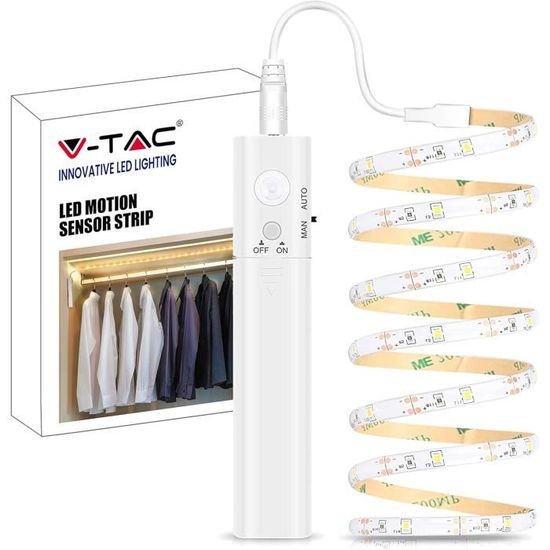 Bande LED Avec Détecteur De Mouvement 2m - Blanc, Alimentation Sur Piles, IP20 - Neuf