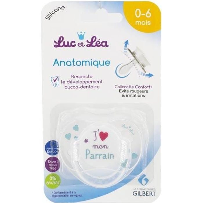 Luc et Léa Sucette Silicone Symétrique avec Anneau J'aime mon Parrain 0-6m