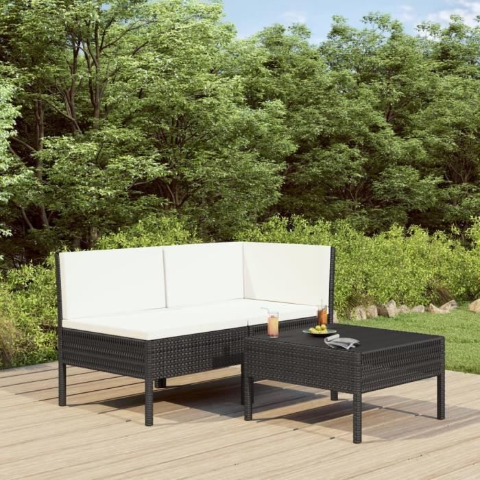Lot de 3 Salon de jardin Meuble de jardin - Salon Bas De Jardin Mobilier de jardin avec coussins - Résine tressée Noir