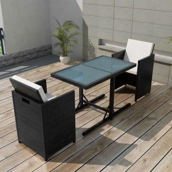 Salon de jardin encastrable 3pcs et coussin Résine tressée 2 Places - Noir