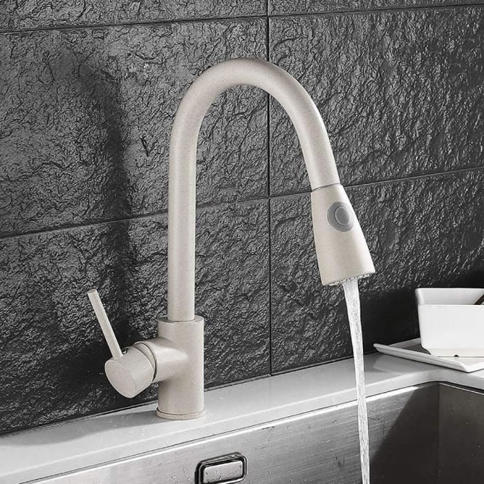 HomeLava Robinet de cuisine à retrait beige Robinet de cuisine rotatif à 360 ° avec douche mitigeur monocommande en acier inoxydable