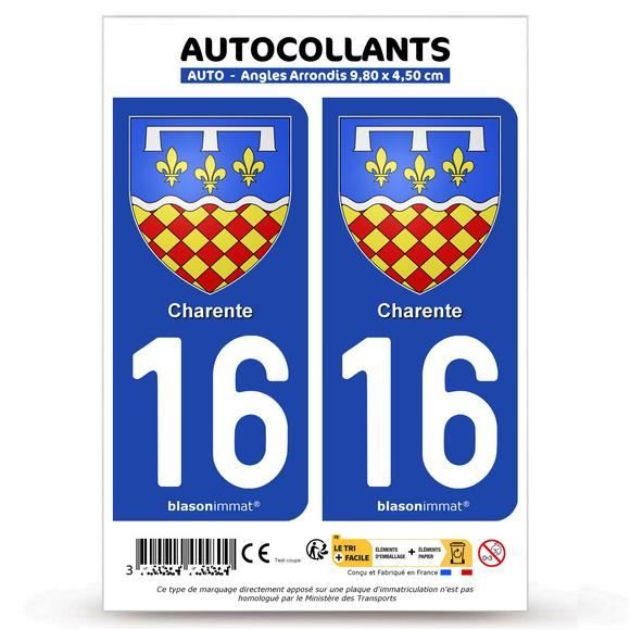 2 Autocollants plaque immatriculation Auto 16 Charente - Armoiries