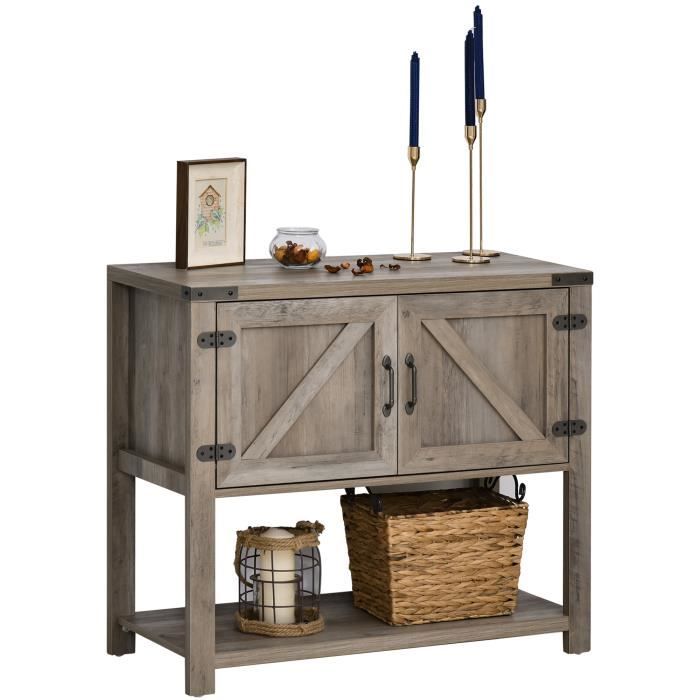 Console Table d'appoint Design Rural Chic dim. 90L x 39l x 80H cm 2 portes étagère Panneaux Particules MDF Bois Gris 90x39x80cm