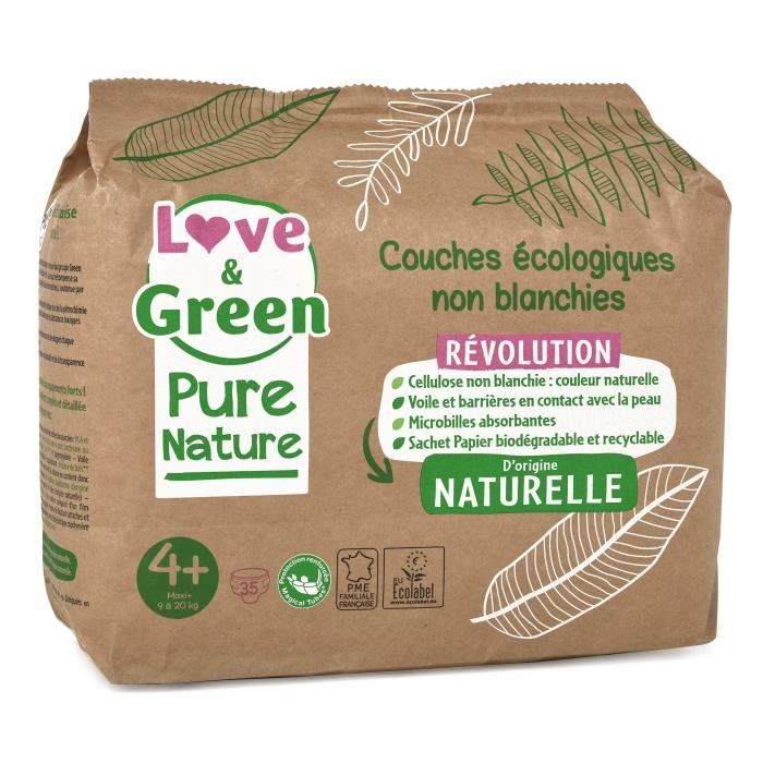 LOVE AND GREEN Couches hypoallergéniques Non blanchies Pure Nature - Certifiées Ecolabel T4+ x 35 (9 à 20 kilos)