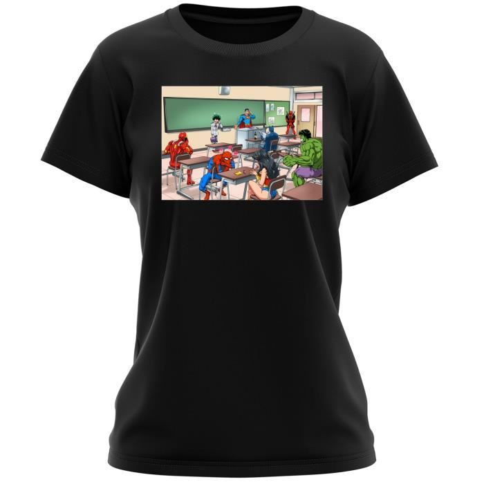 T-shirt Femme Noir MCU - Justice League - My Hero Academia parodique Deku alias Izuku Miroriya, Deadpool, Iron Man, Wonder Woman,