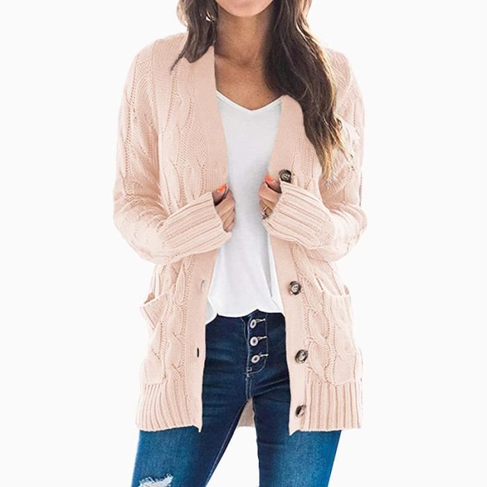 Cardigan Gilet Femme Cardigan avec Poches En Tricot ,Veste Cardigan Décontractée,Cardigan Gilet pour Femme L-Rose