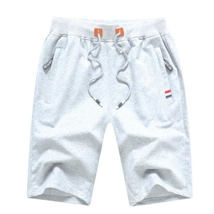 Short Homme, Short Sport Homme Coton avec Poches Zippées et cordon de serrage, Short Running Homme Été, Bermuda Homme, Blanc