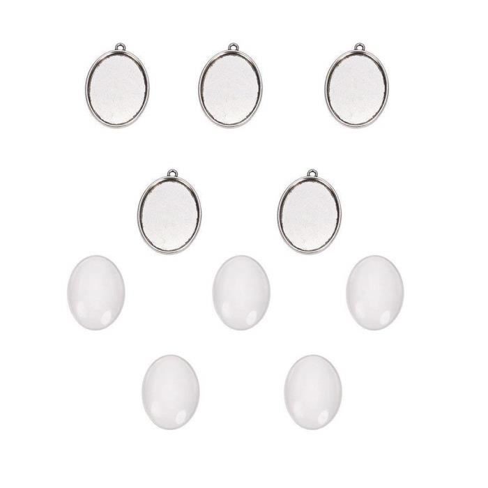 PandaHall - Lot De 5 Kits Supports Cabochon Pendentif Ovale en Metal Couleur Argent Antique + Cabochons Ovales Verre pour DIY Bijoux